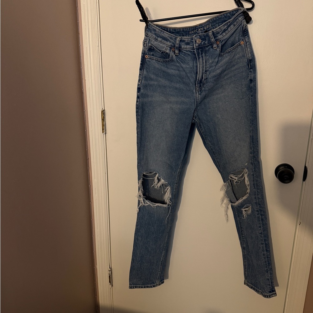 American Eagle Outfitters Blue Ripped Straight Leg Jeans